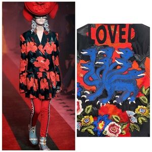 Gucci Red Black Blazer Dress Floral Brocade Dragon Embroidery Pleated 4 NWT 🟡